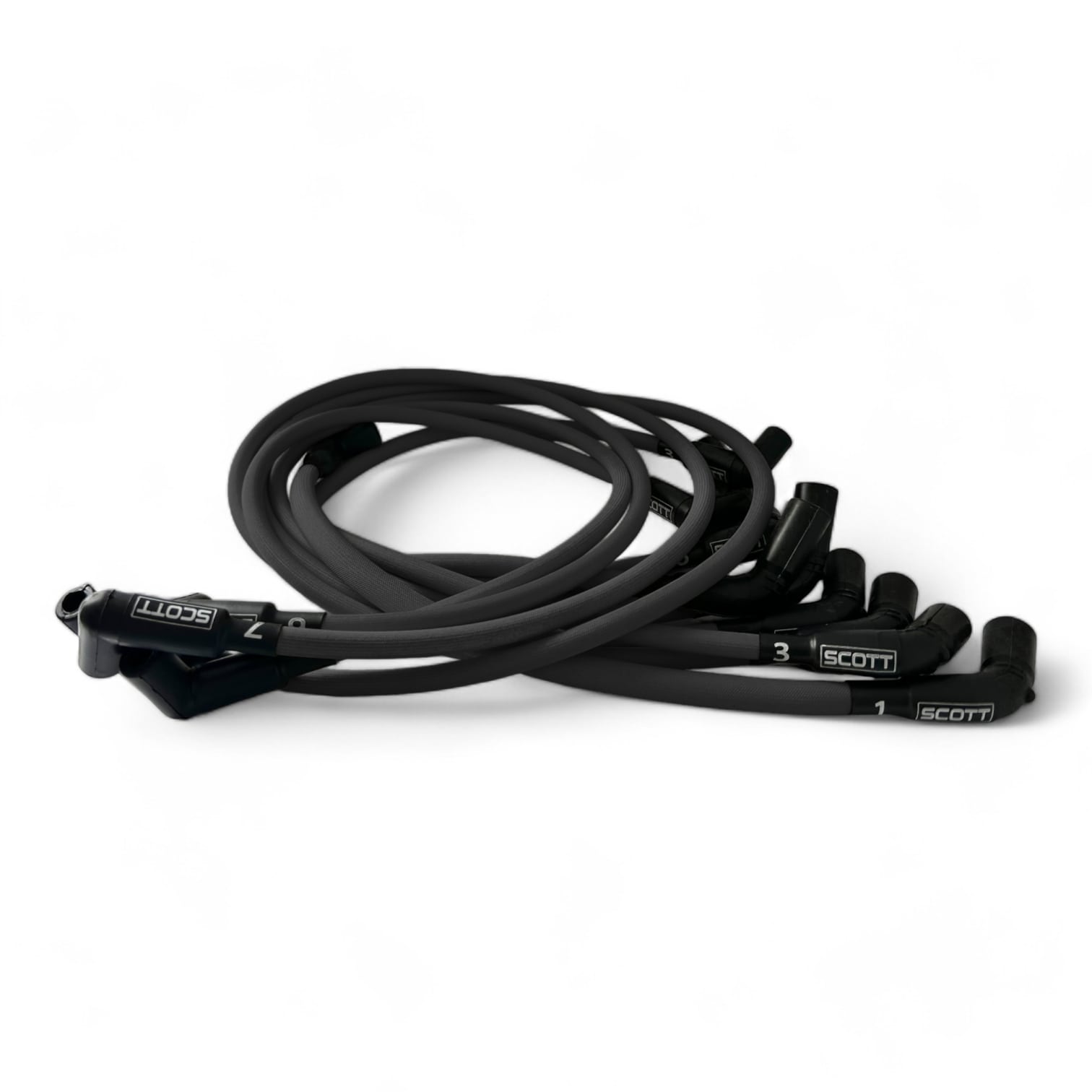 Scott Performance - Chevy LS Long 525 Crate Around Rear Under Header 30 OHM Fiberglass Sleeved Spark Plug Wire Set  - Black - SPW-PS-525L-R-1