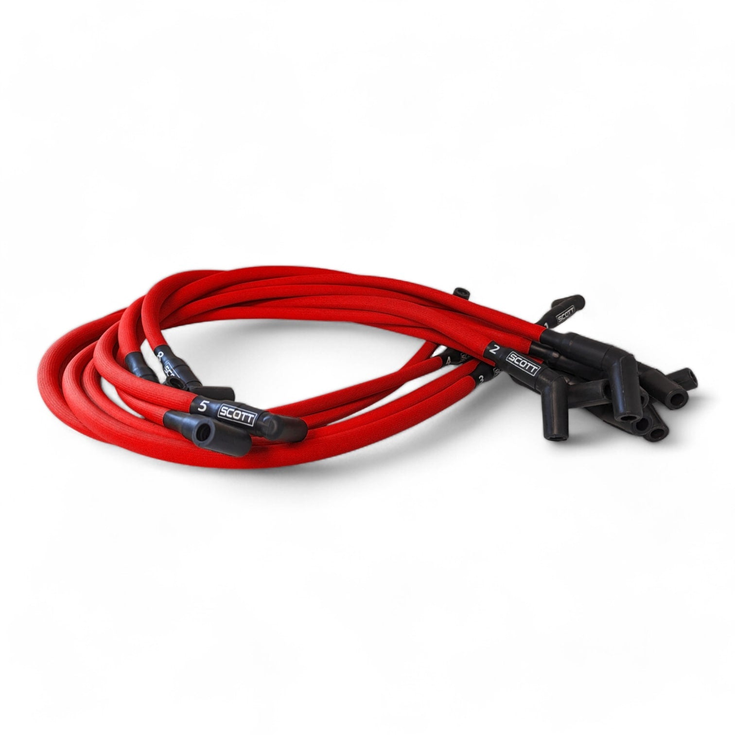 Scott Performance - Big Block Ford Over Valve Cover 30 OHM Fiberglass Sleeved Spark Plug Wire Set  - Red - SPW-PS-429-2