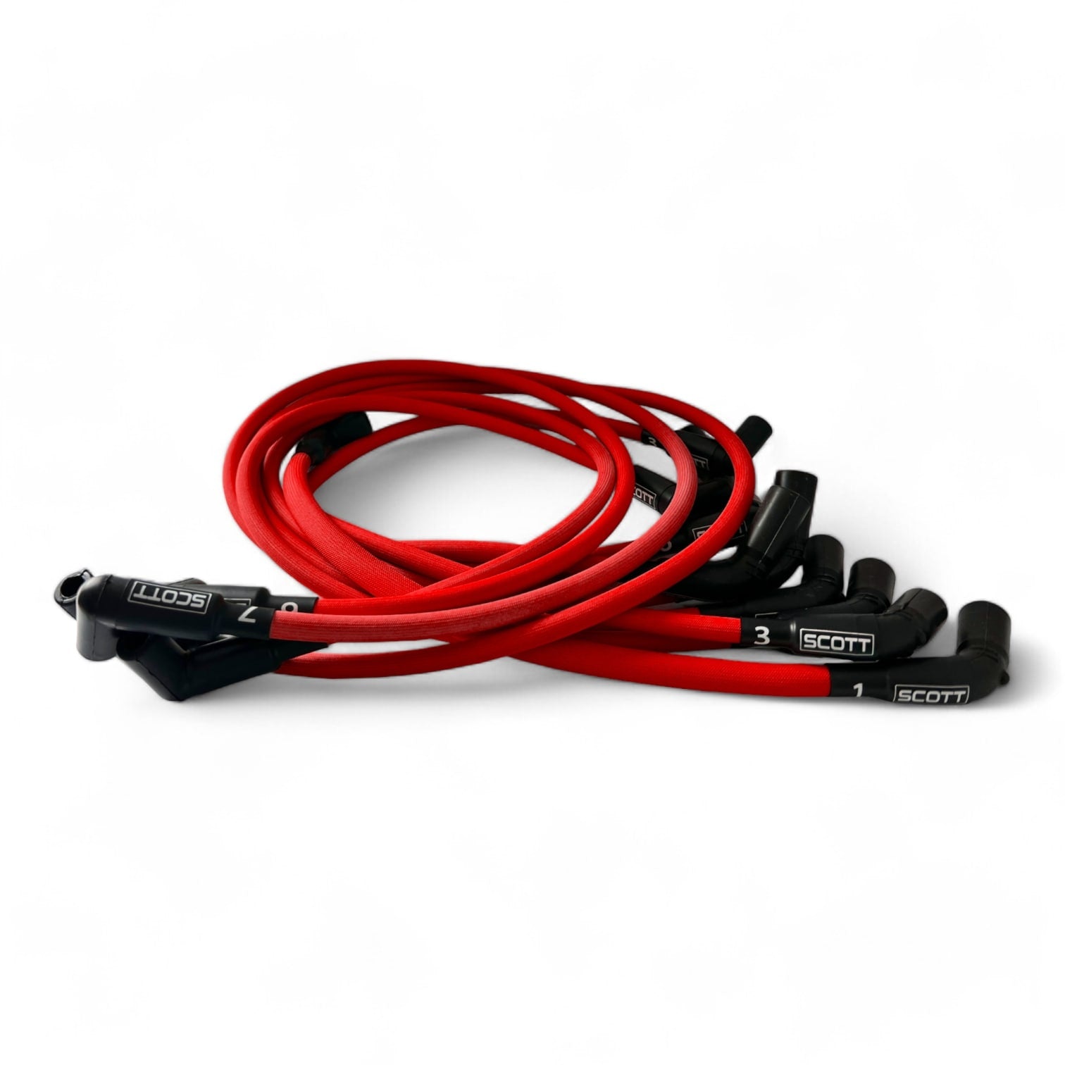 Scott Performance - Chevy LS Long 525 Crate Around Rear Under Header 30 OHM Fiberglass Sleeved Spark Plug Wire Set  - Red - SPW-PS-525L-R-2
