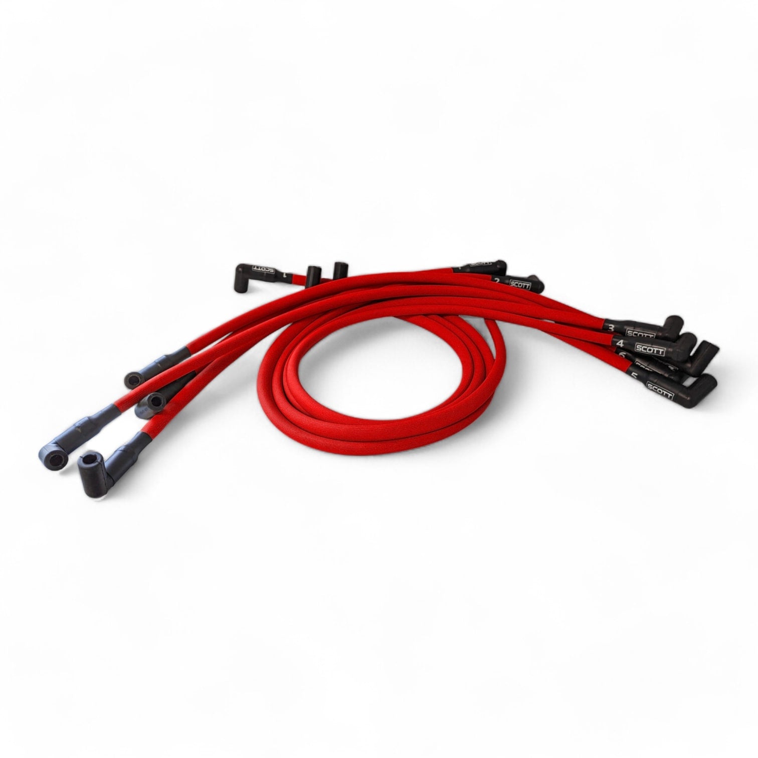 Scott Performance - Small Block Chevy 604 Crate Under Header 30 OHM Fiberglass Sleeved Spark Plug Wire Set  - Red - SPW-PS-604-2