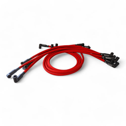 Scott Performance - Small Block Chevy 604 Crate Under Header 30 OHM Fiberglass Sleeved Spark Plug Wire Set  - Red - SPW-PS-604-2