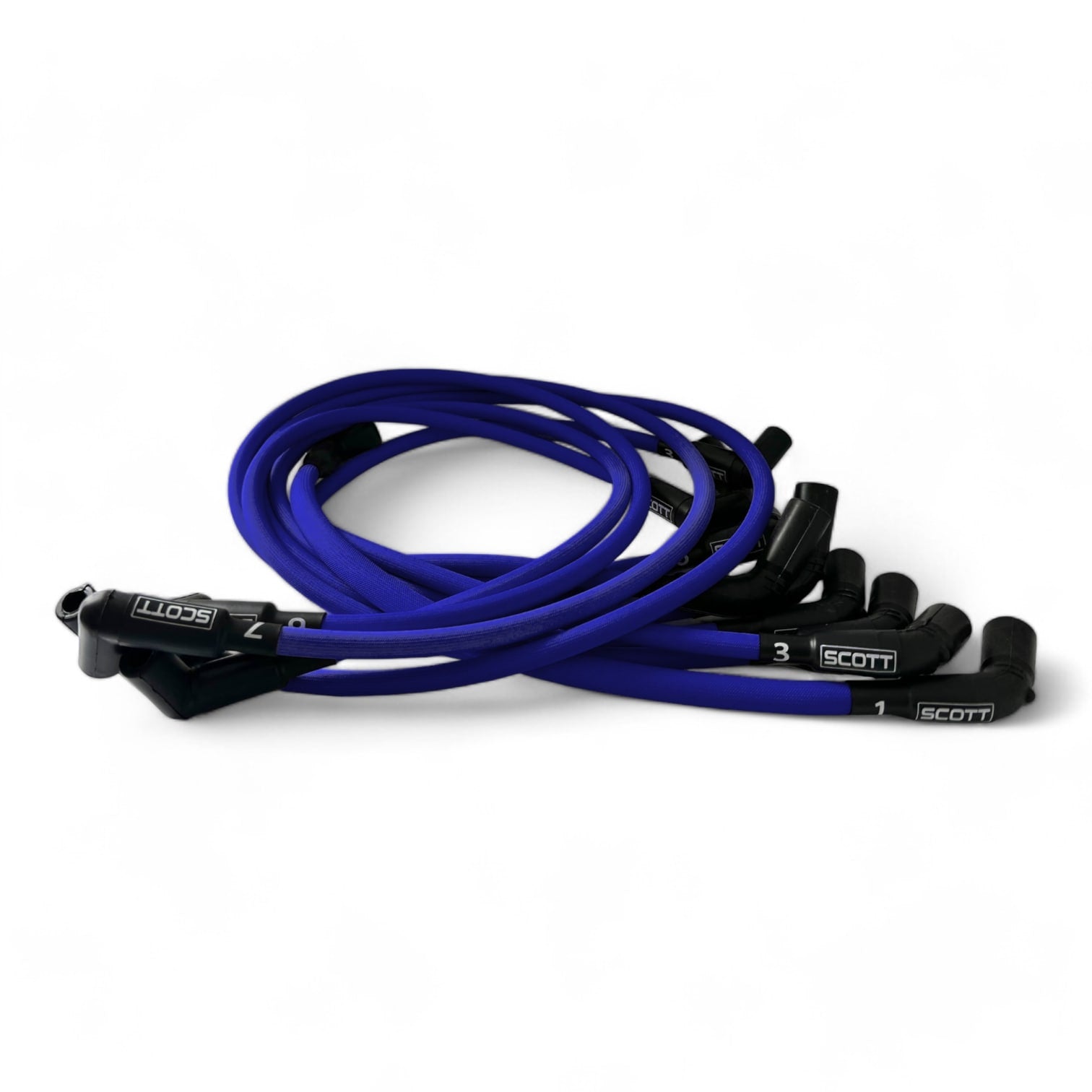 Scott Performance - Chevy LS Long 525 Crate Around Rear Under Header 30 OHM Fiberglass Sleeved Spark Plug Wire Set  - Blue - SPW-PS-525L-R-3