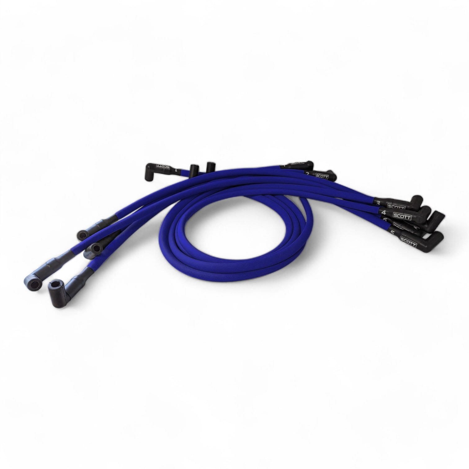 Scott Performance - Small Block Chevy 604 Crate Under Header 30 OHM Fiberglass Sleeved Spark Plug Wire Set  - Blue - SPW-PS-604-3