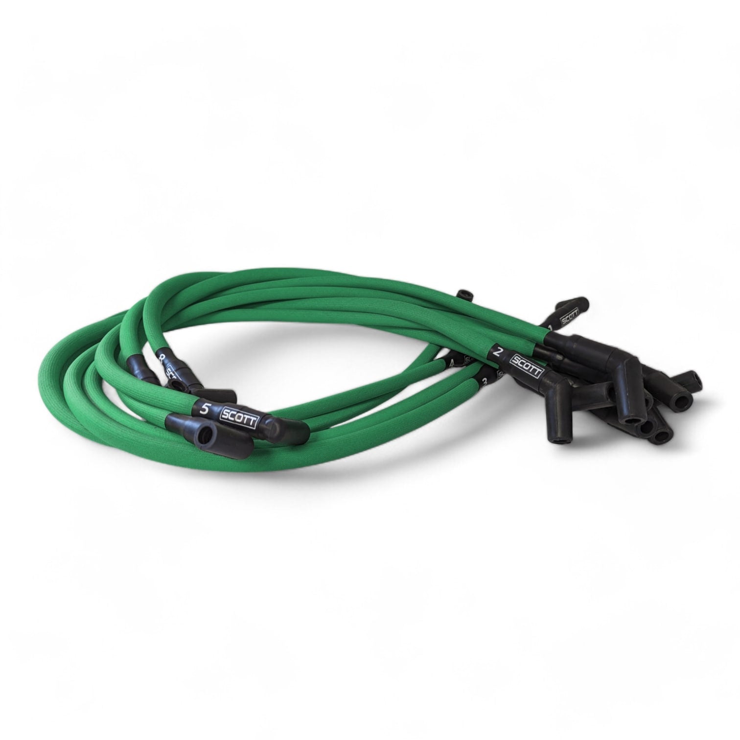 Scott Performance - Big Block Ford Over Valve Cover 30 OHM Fiberglass Sleeved Spark Plug Wire Set  - Green - SPW-PS-429-4