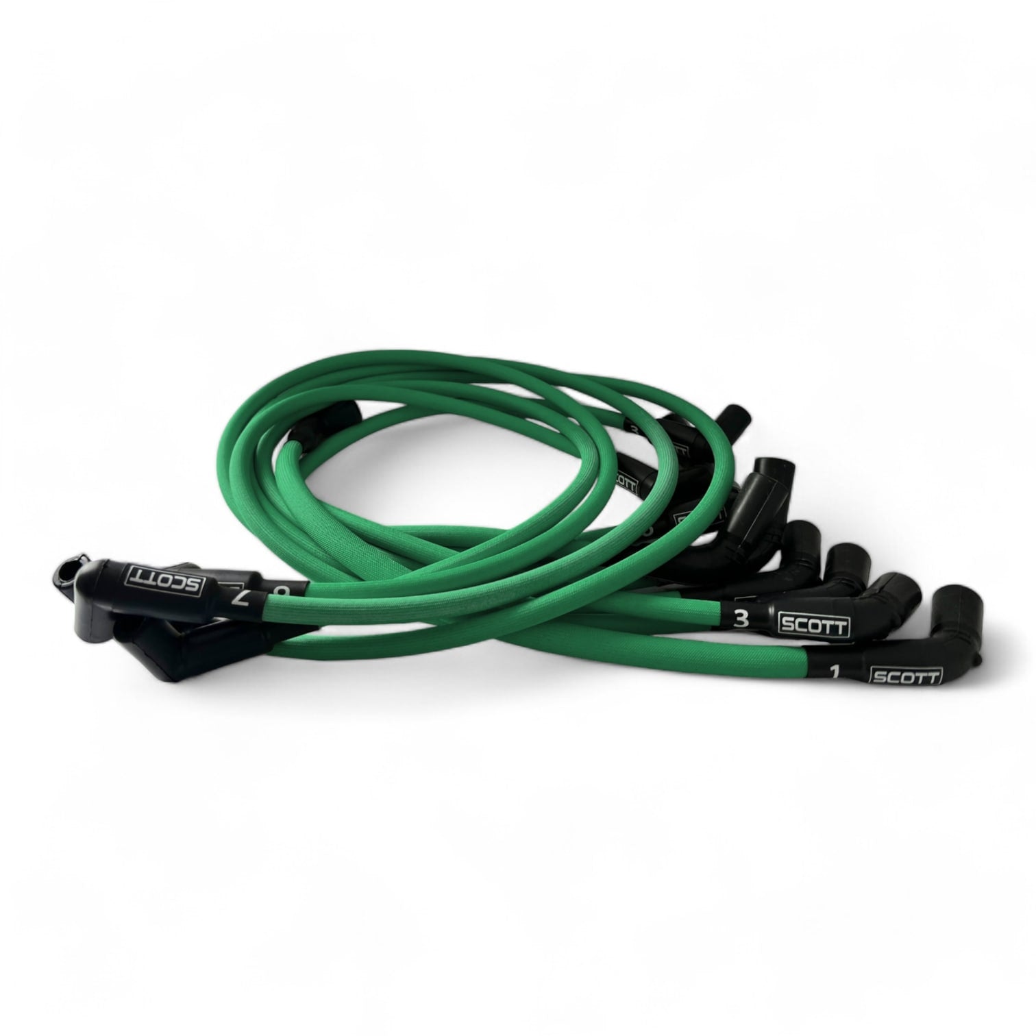 Scott Performance - Chevy LS Long 525 Crate Around Rear Under Header 30 OHM Fiberglass Sleeved Spark Plug Wire Set  - Green - SPW-PS-525L-R-4