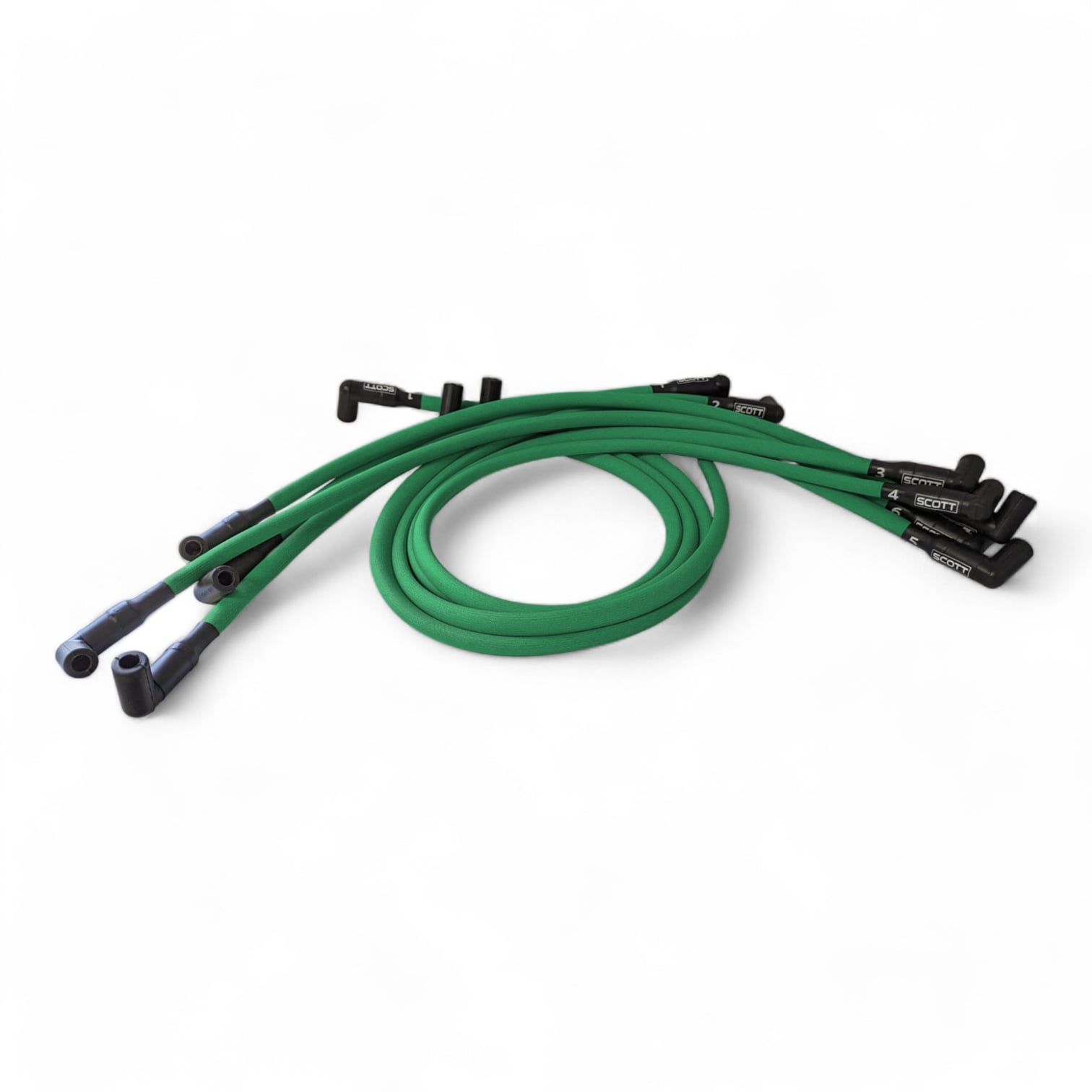 Scott Performance - Small Block Chevy 604 Crate Under Header 30 OHM Fiberglass Sleeved Spark Plug Wire Set  - Green - SPW-PS-604-4
