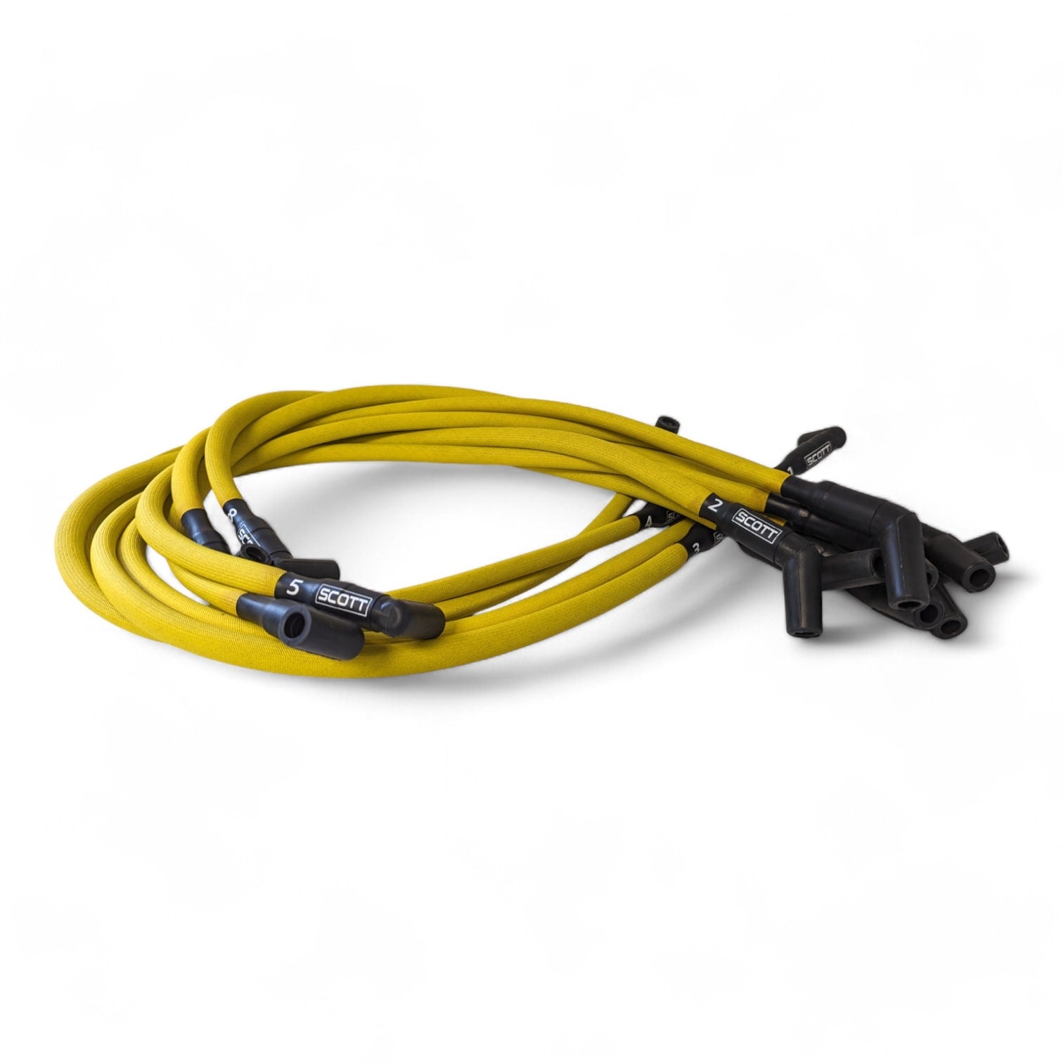 Scott Performance - Big Block Ford Over Valve Cover 30 OHM Fiberglass Sleeved Spark Plug Wire Set  - Yellow - SPW-PS-429-5