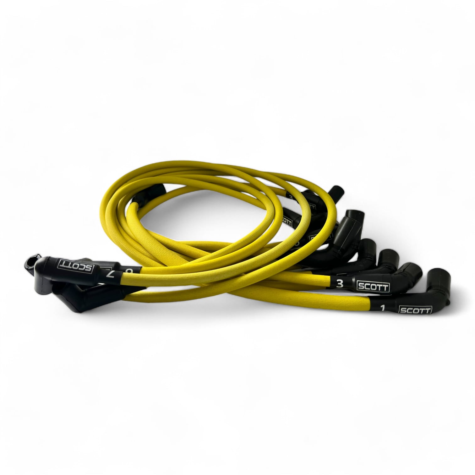 Scott Performance - Chevy LS Long 525 Crate Around Rear Under Header 30 OHM Fiberglass Sleeved Spark Plug Wire Set  - Yellow - SPW-PS-525L-R-5