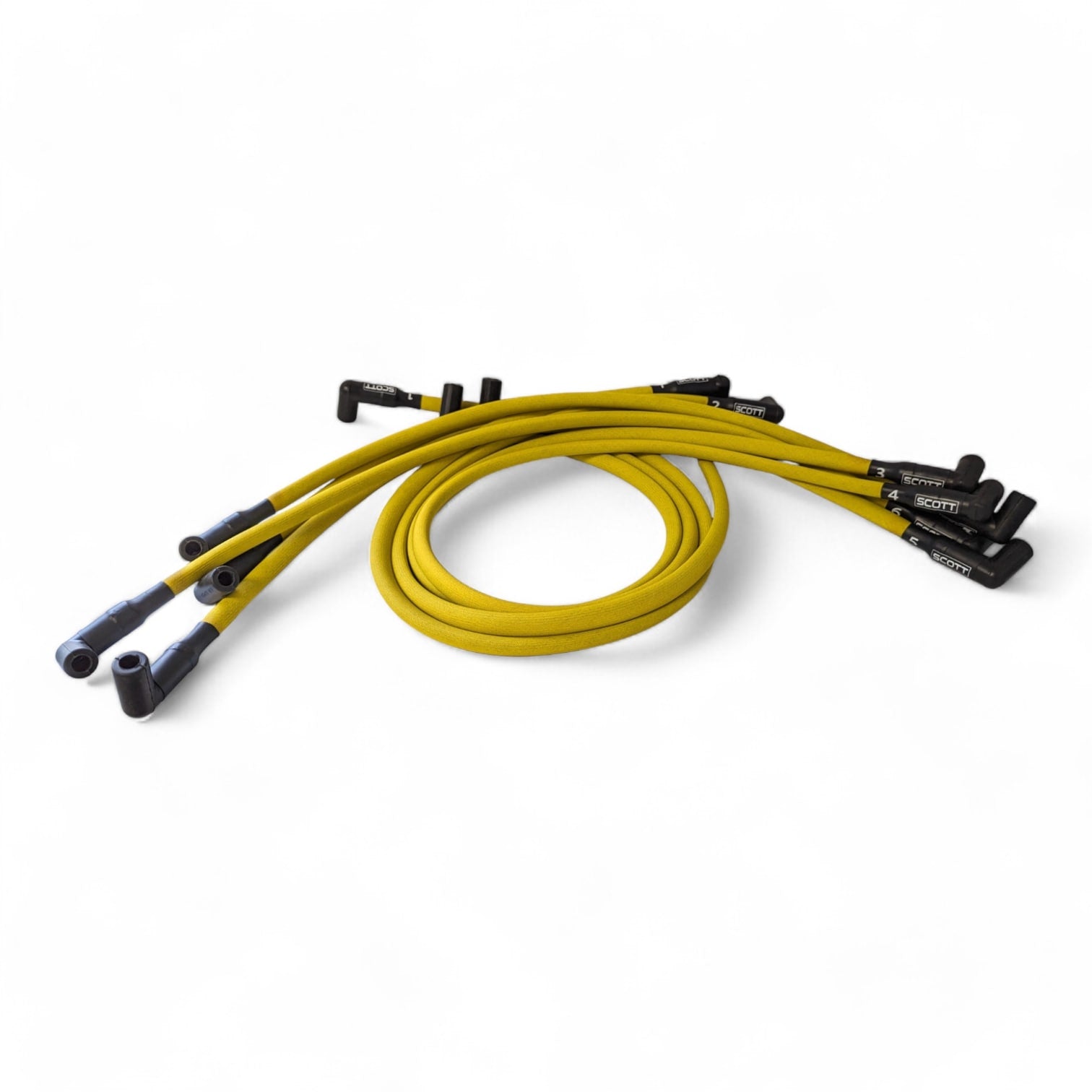 Scott Performance - Small Block Chevy 604 Crate Under Header 30 OHM Fiberglass Sleeved Spark Plug Wire Set  - Yellow - SPW-PS-604-5