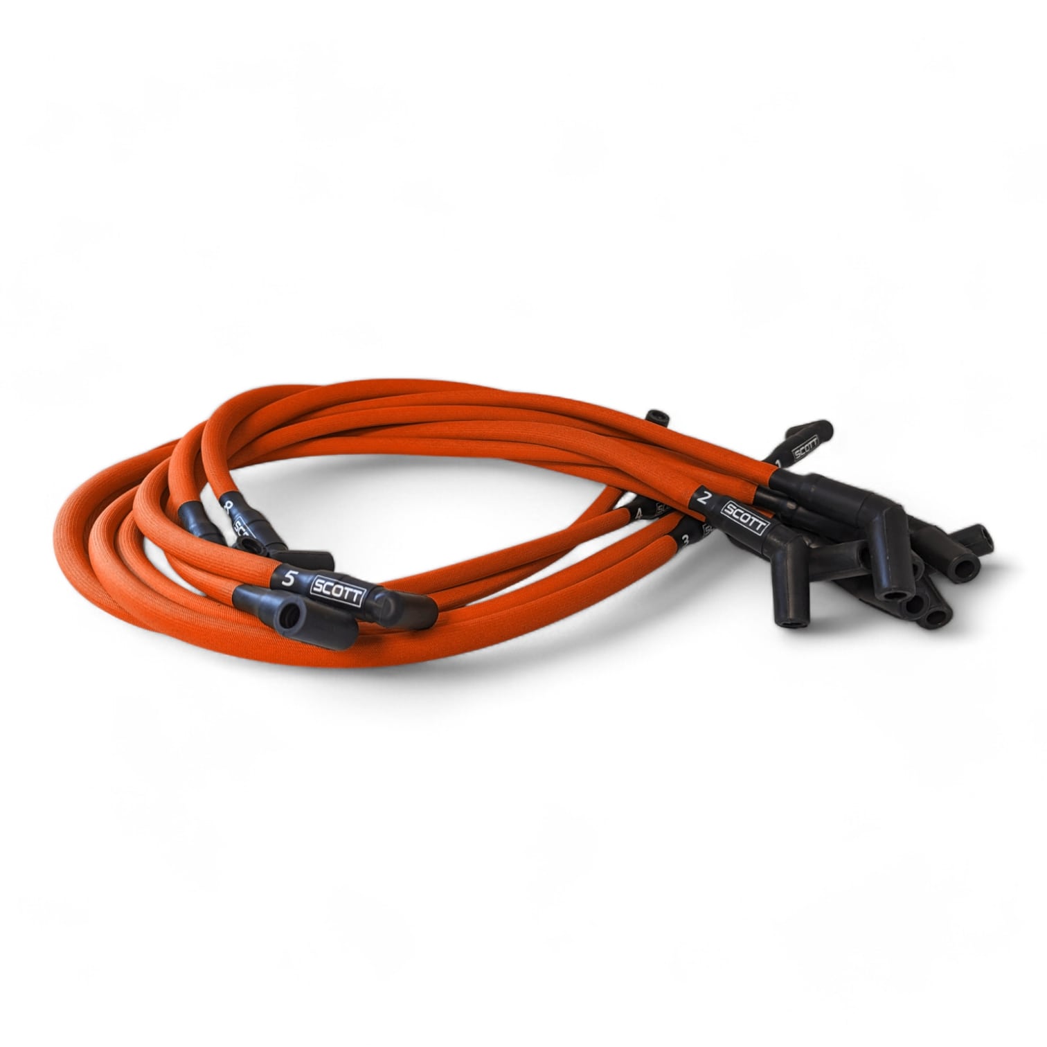 Scott Performance - Big Block Ford Over Valve Cover 30 OHM Fiberglass Sleeved Spark Plug Wire Set  - Orange - SPW-PS-429-6