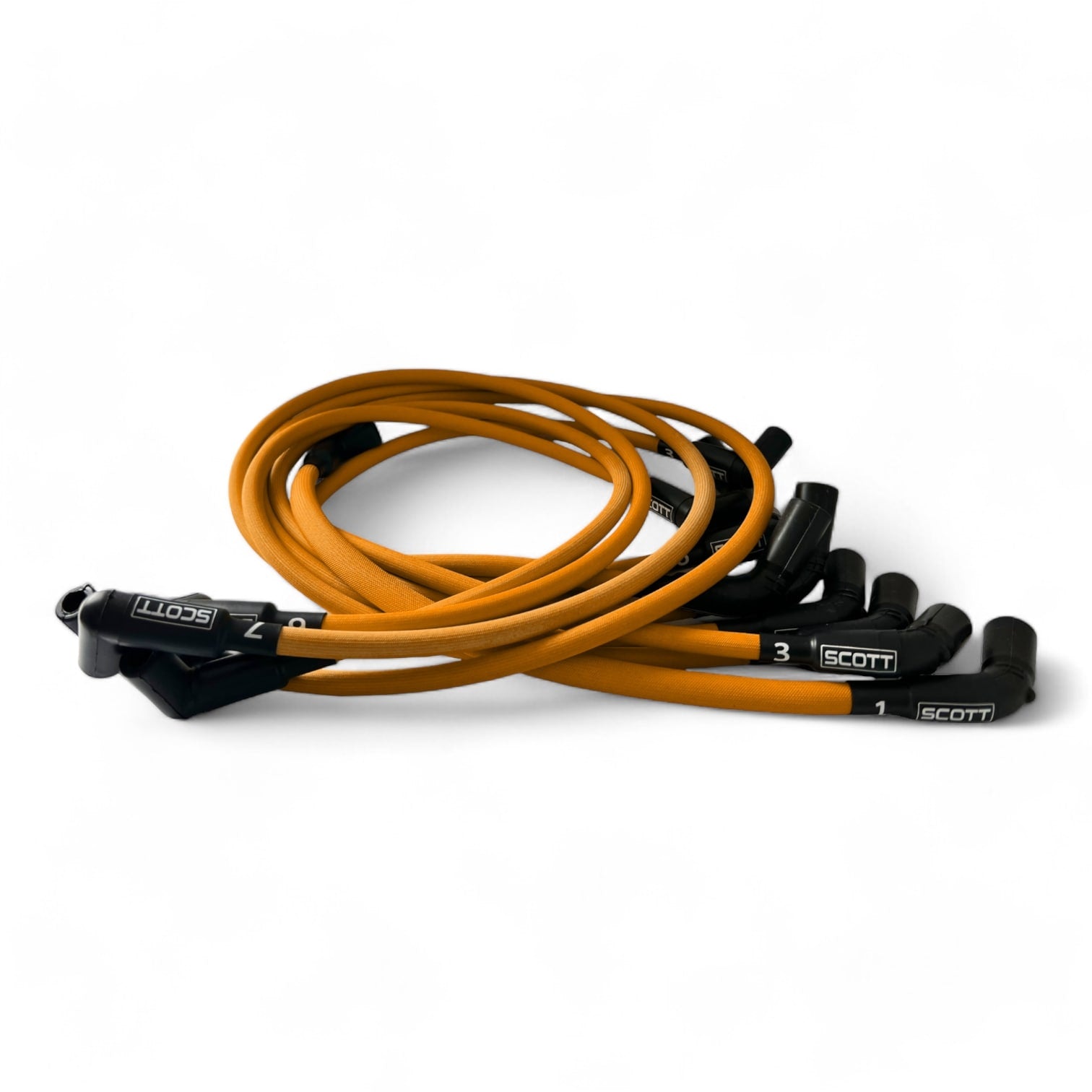 Scott Performance - Chevy LS Long 525 Crate Around Rear Under Header 30 OHM Fiberglass Sleeved Spark Plug Wire Set  - Orange - SPW-PS-525L-R-6
