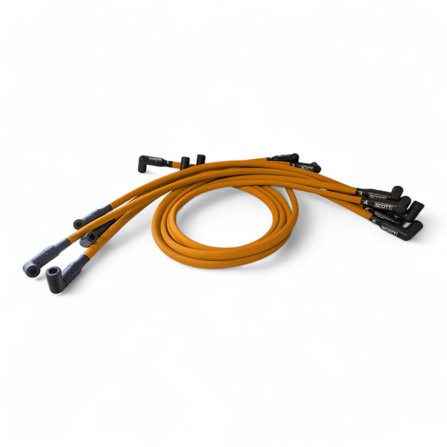 Scott Performance - Small Block Chevy 604 Crate Under Header 30 OHM Fiberglass Sleeved Spark Plug Wire Set  - Orange - SPW-PS-604-6