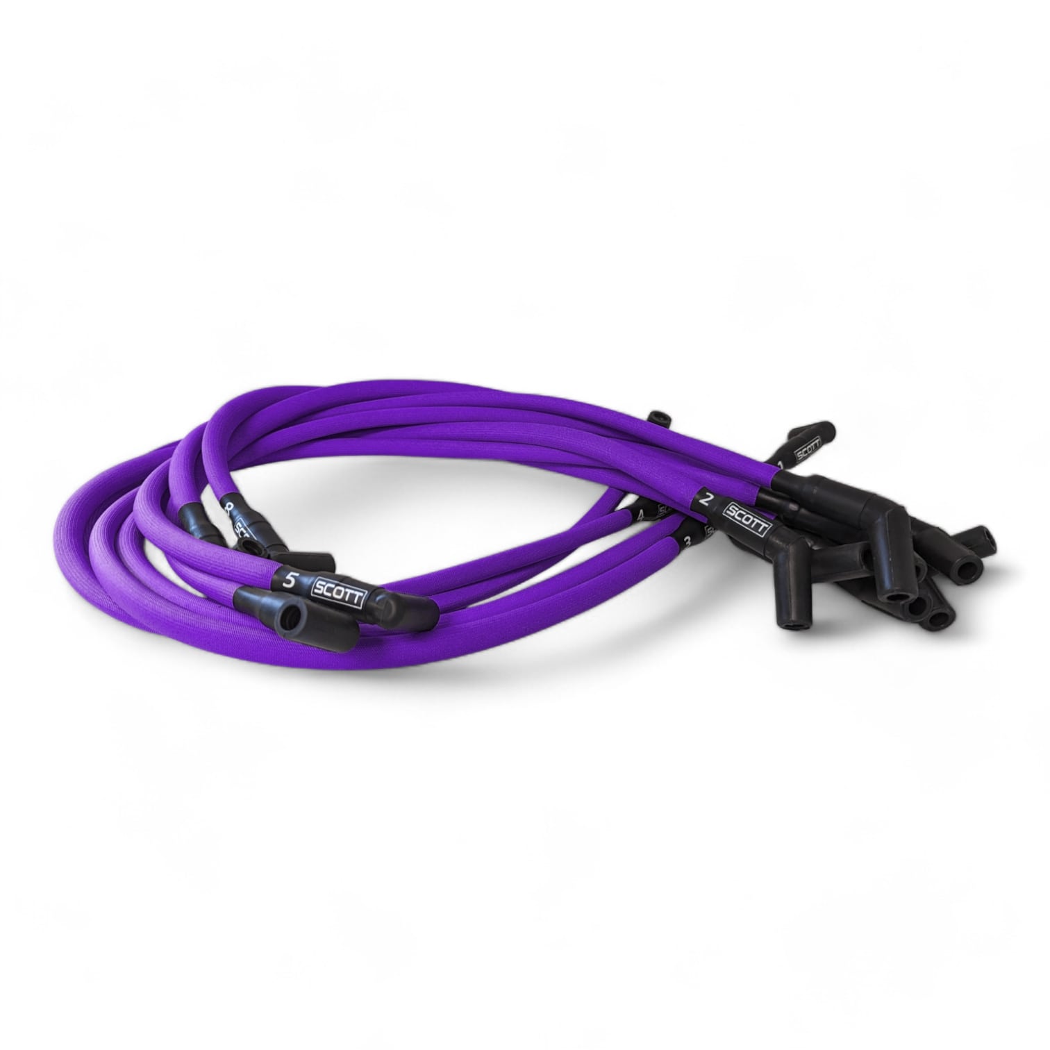 Scott Performance - Big Block Ford Over Valve Cover 30 OHM Fiberglass Sleeved Spark Plug Wire Set  - Purple - SPW-PS-429-7