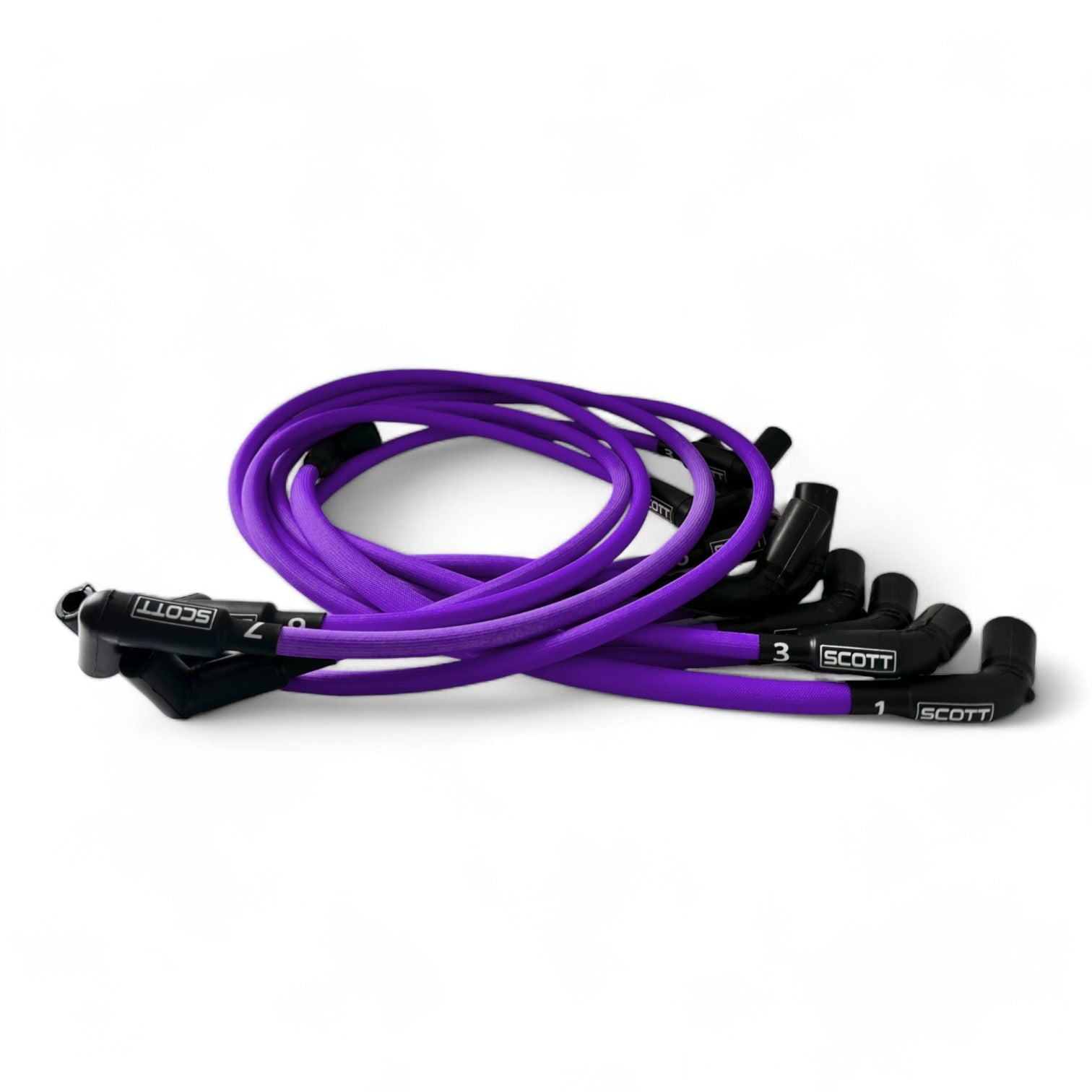 Scott Performance - Chevy LS Long 525 Crate Around Rear Under Header 30 OHM Fiberglass Sleeved Spark Plug Wire Set  - Purple - SPW-PS-525L-R-7