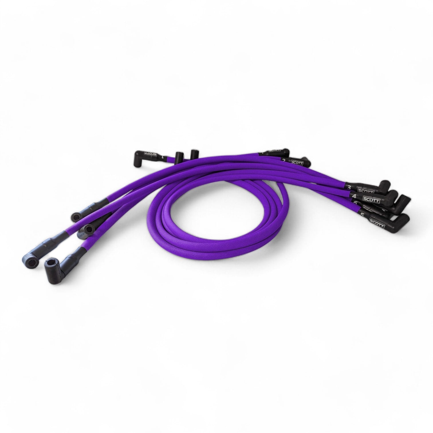 Scott Performance - Small Block Chevy 604 Crate Under Header 30 OHM Fiberglass Sleeved Spark Plug Wire Set  - Purple - SPW-PS-604-7