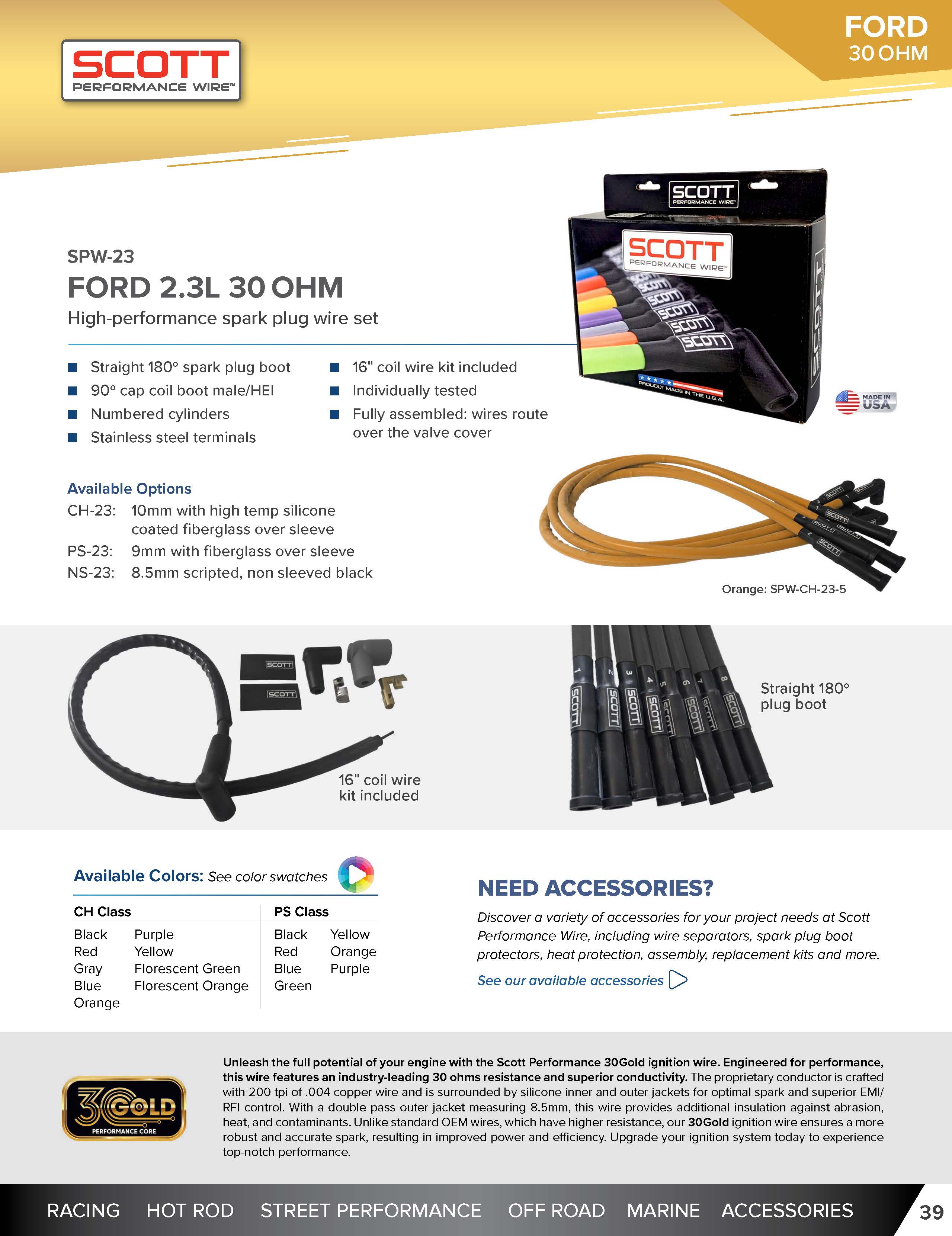 High Performance Low Ohm Fiberglass Sleeved Spark Plug Wire Set for 2.3L Ford - #SPW-PS-23