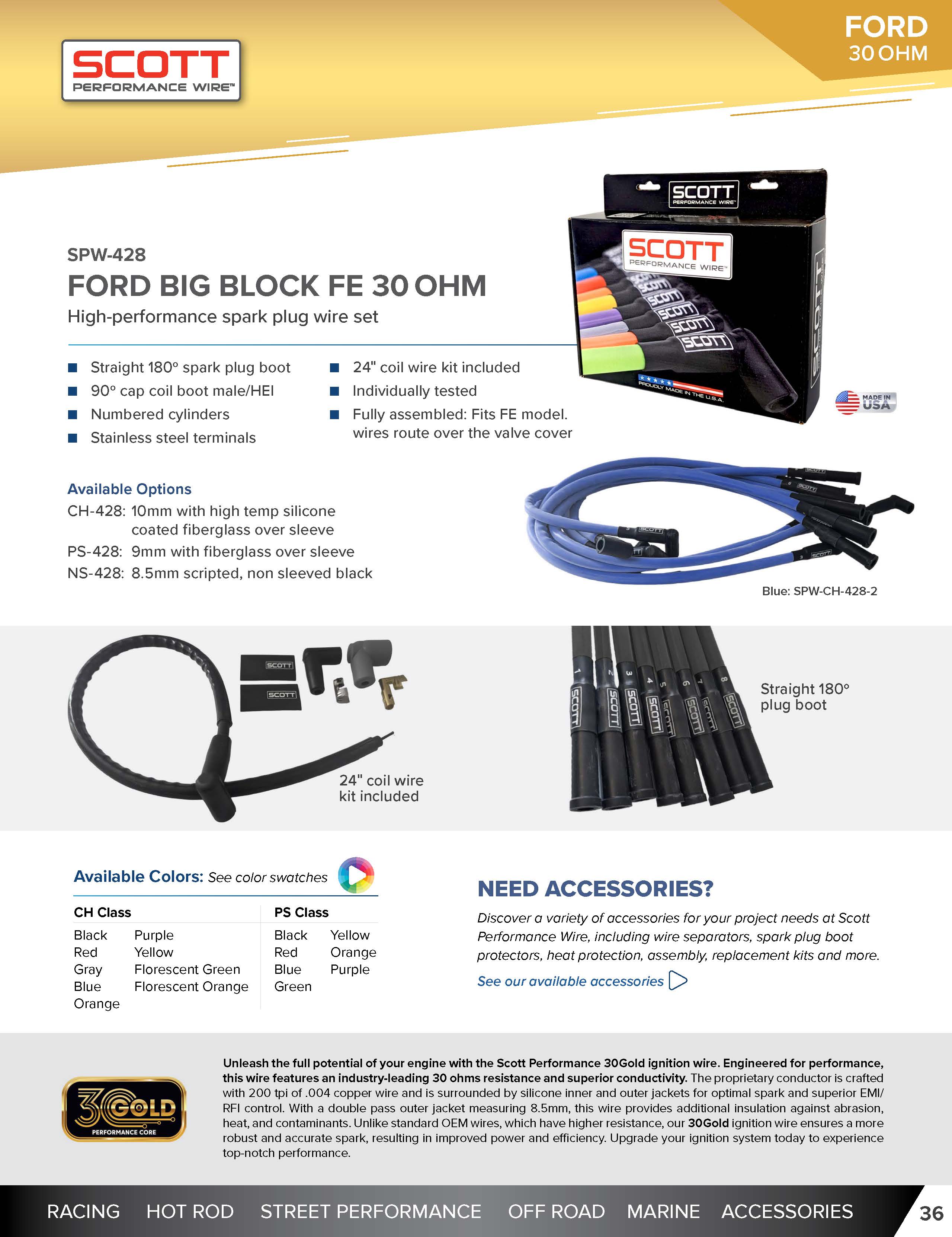 High Performance Low Ohm Silicone Sleeved Spark Plug Wire Set for Big Block Ford FE - #SPW-CH-428