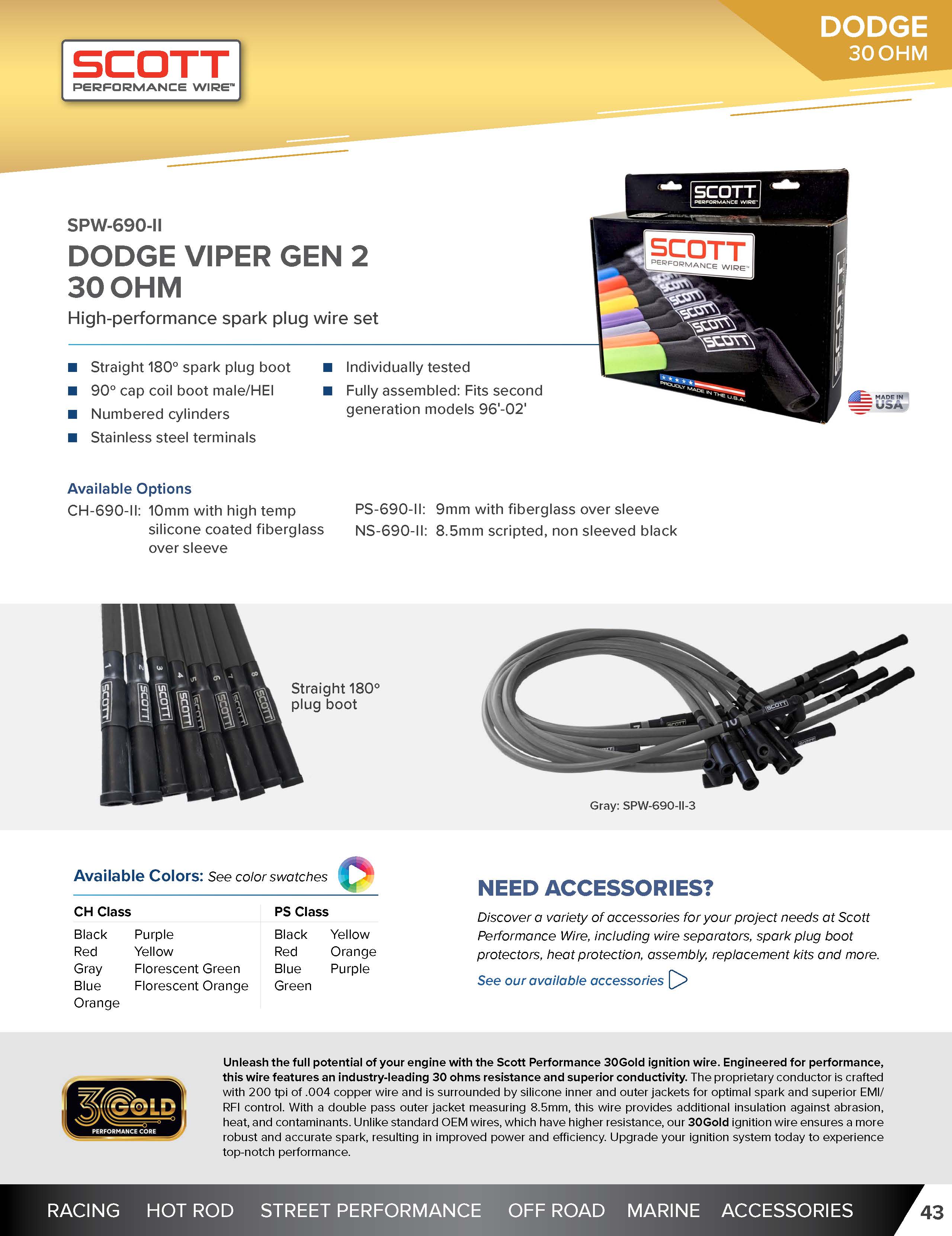 High Performance Low Ohm Silicone Sleeved Spark Plug Wire Set for 1996-2002 Dodge Viper - #SPW-CH-690-II