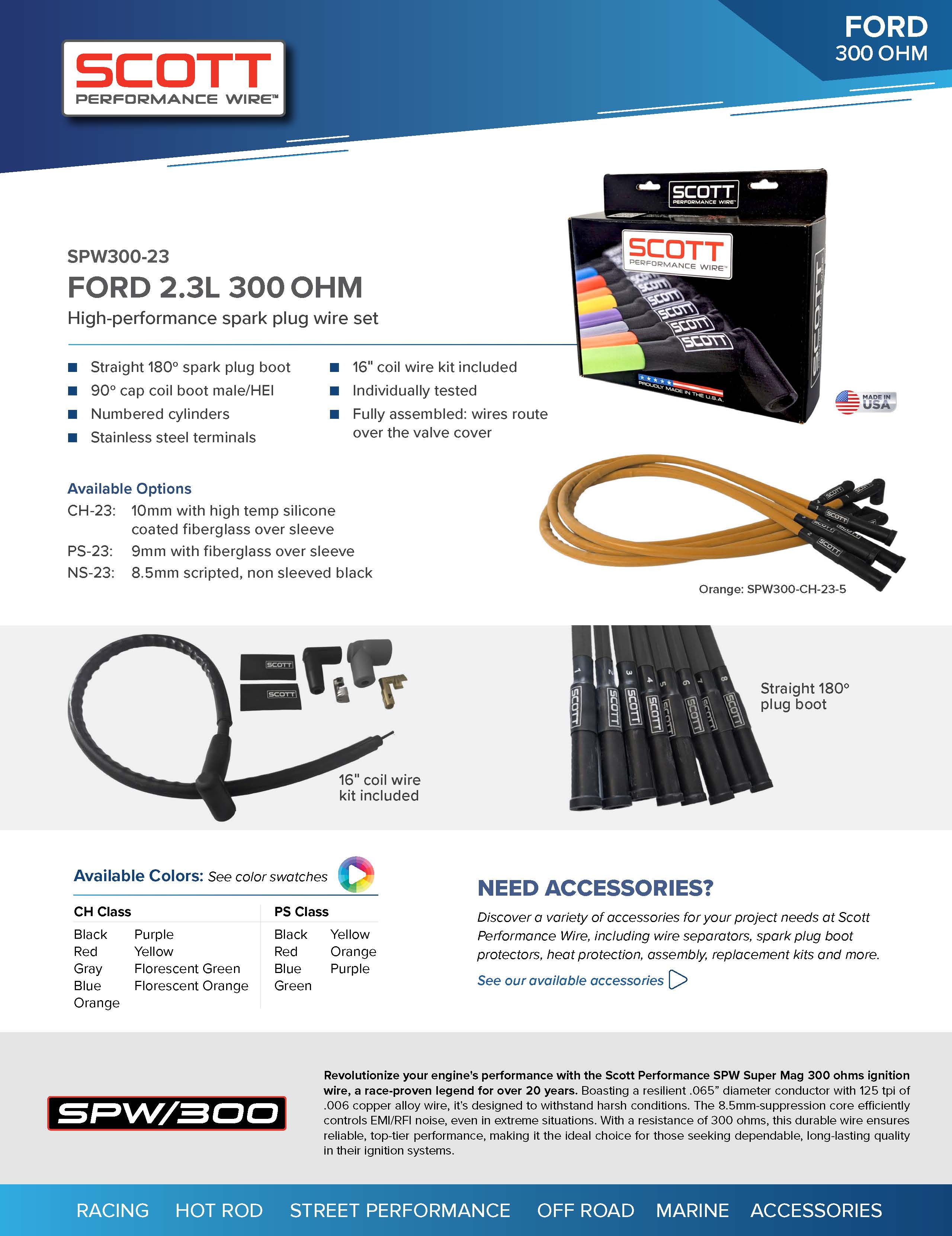 Street Performance Silicone Sleeved Spark Plug Wire Set for 2.3L Ford - #SPW300-CH-23