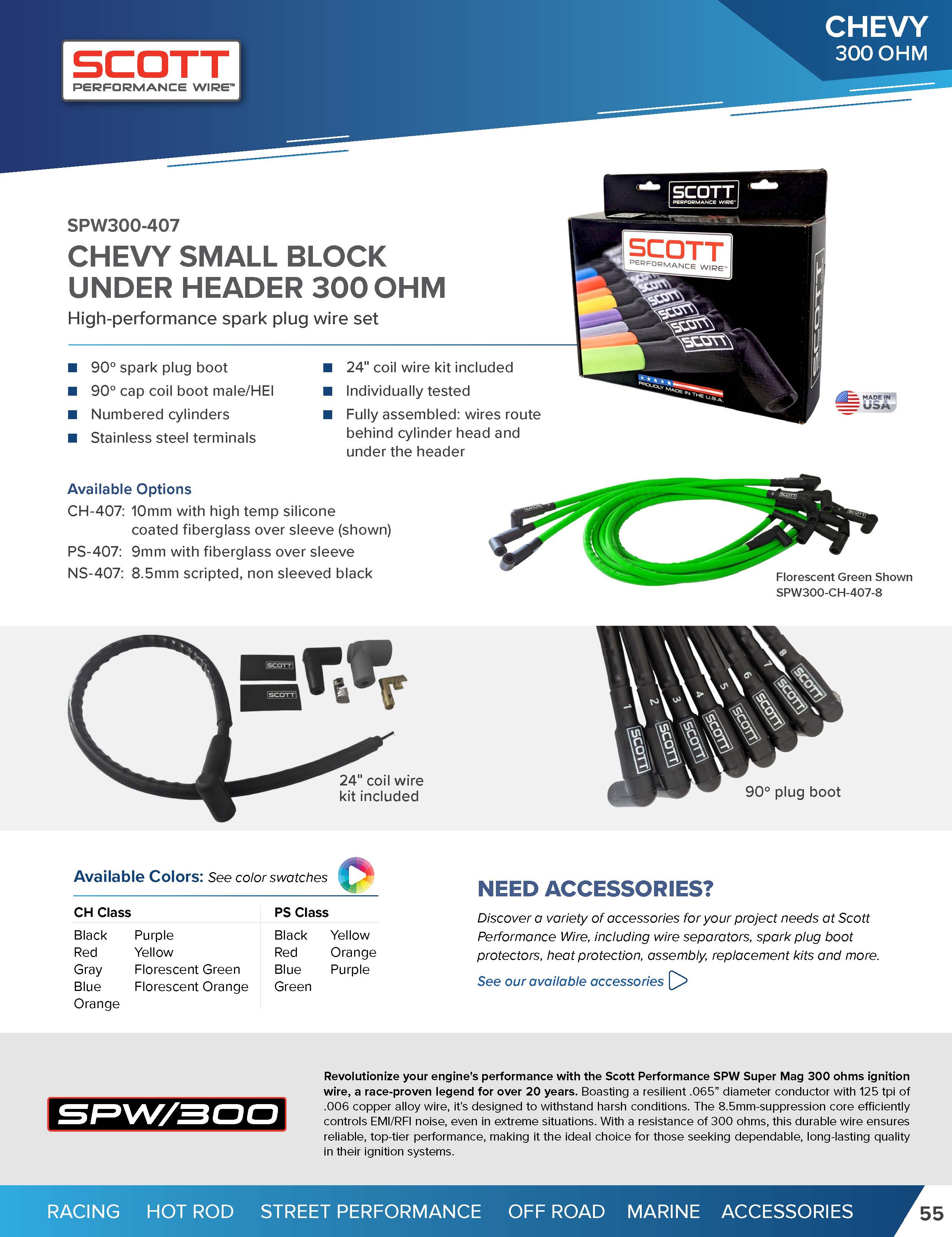 Street Performance Fiberglass Sleeved Spark Plug Wire Set for Small Block Chevy - #SPW300-PS-407