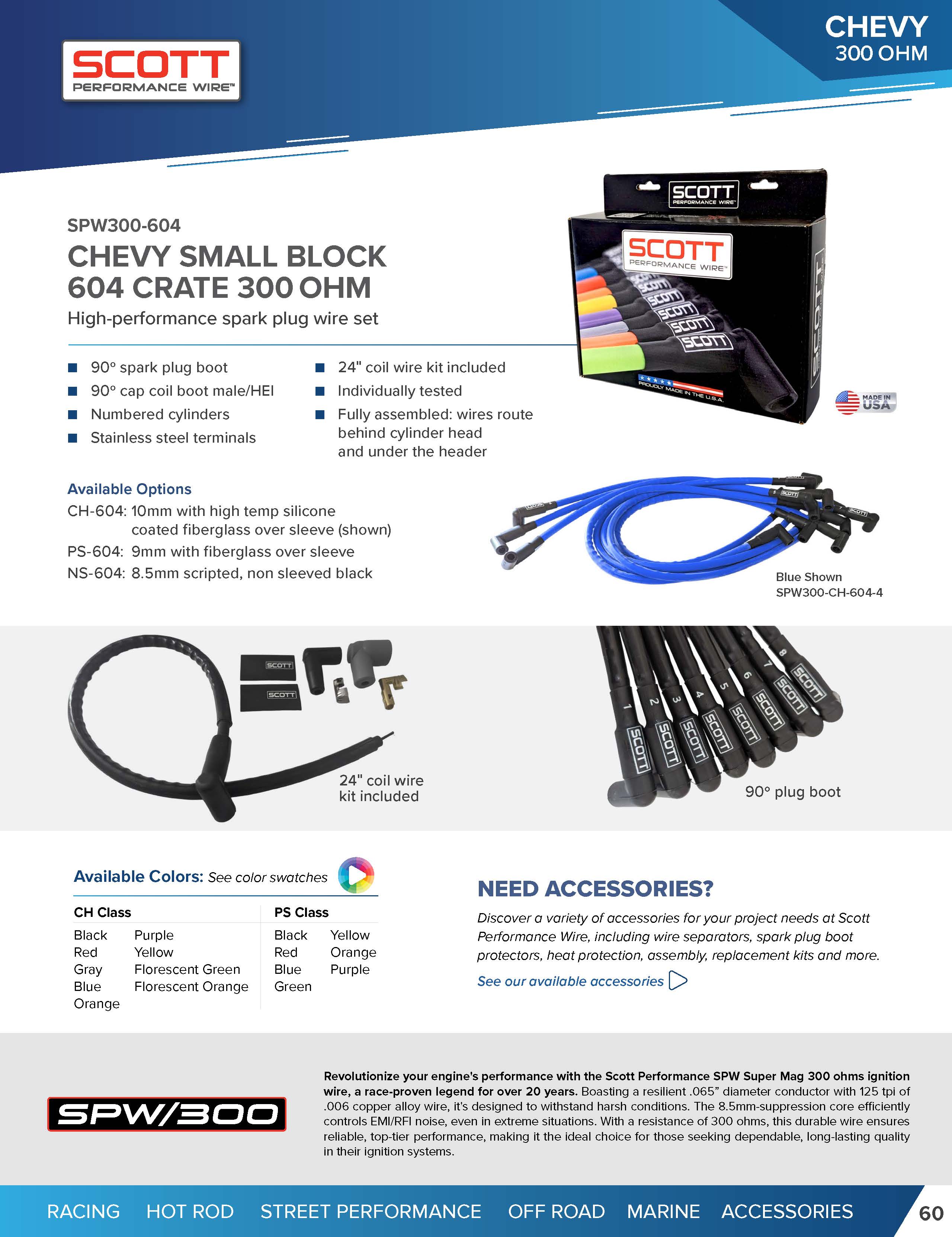 Street Performance Silicone Sleeved Spark Plug Wire Set for GM/Chevy Crate Engines and Small Blocks - #SPW300-CH-604