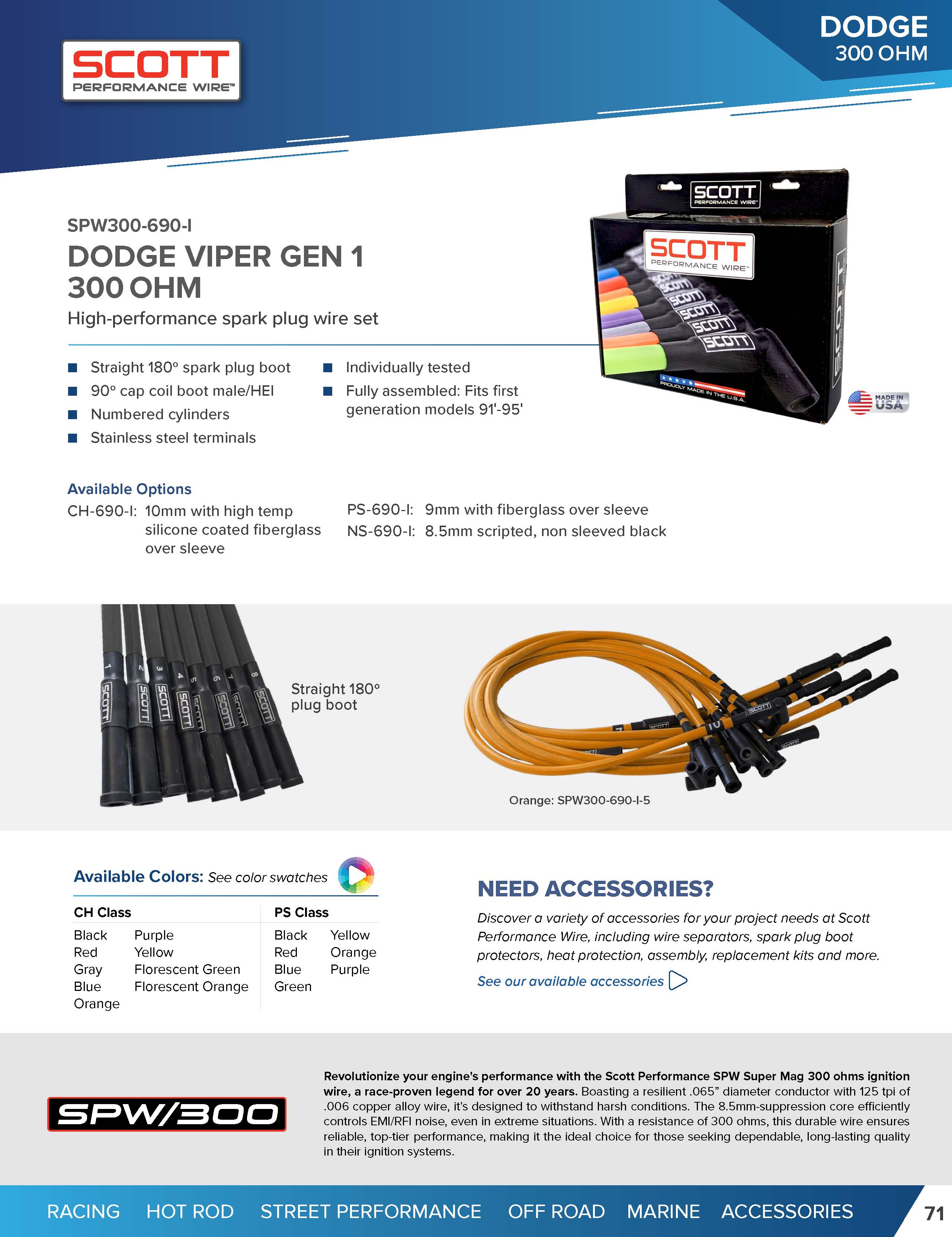 Street Performance Silicone Sleeved Spark Plug Wire Set for 1991-1995 Dodge Viper - #SPW300-CH-690-I