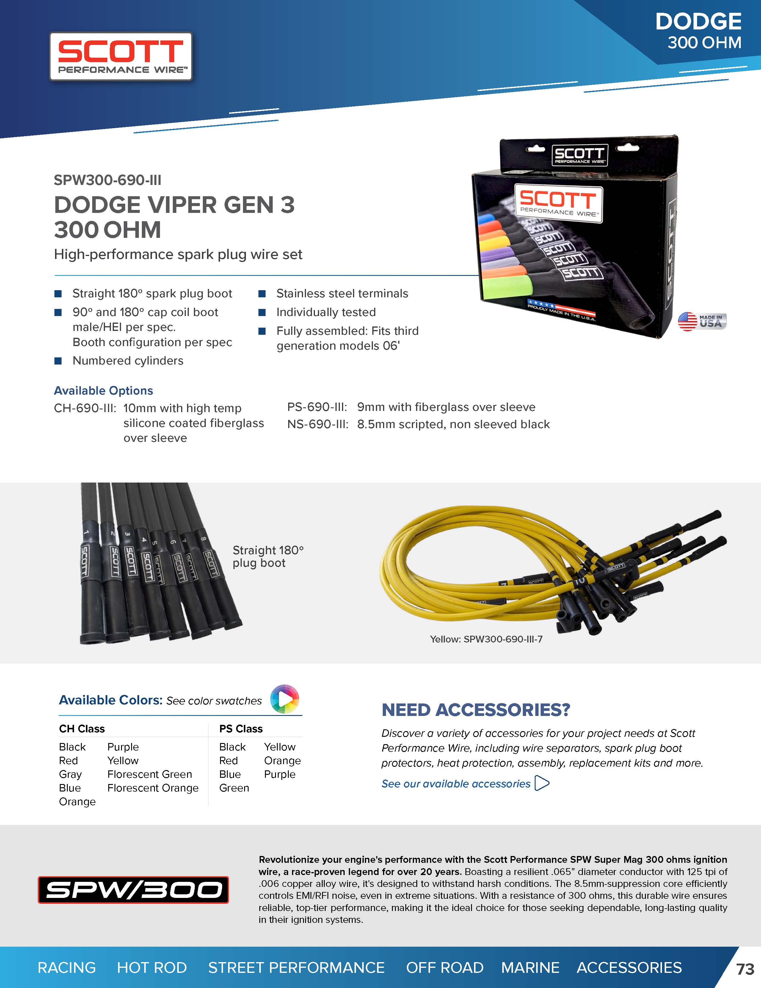 Street Performance Silicone Sleeved Spark Plug Wire Set for 2003-2007 Dodge Viper - #SPW300-CH-690-III