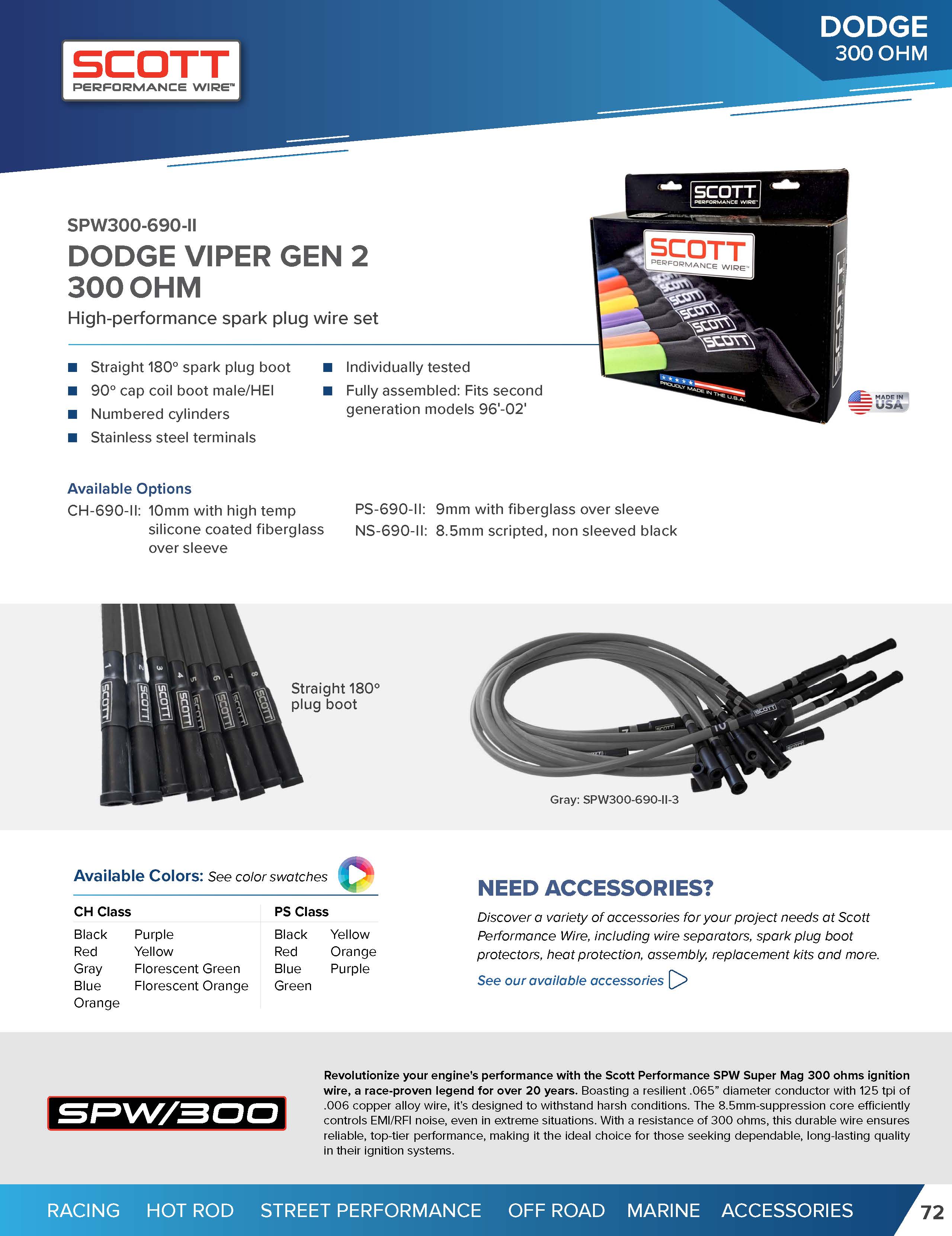 Street Performance Silicone Sleeved Spark Plug Wire Set for 1996-2002 Dodge Viper - #SPW300-CH-690-II